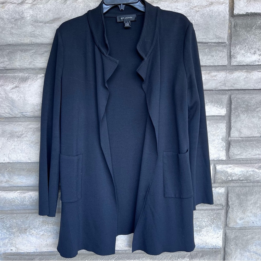 St. John Black Wool Blend Women’s Cardigan Knit Long Line Jacket USA Size 8